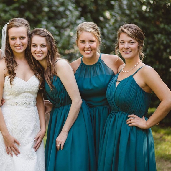 RESERVED Keyhole Chiffon Tea-length Dress Jade Green Size 4 - Picture 5 of 5